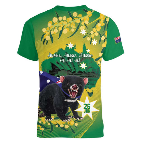 Tasimania Devil Australia Day Women V-Neck T-Shirt Aussie Aussie Aussie Oi! Oi! Oi! - Green