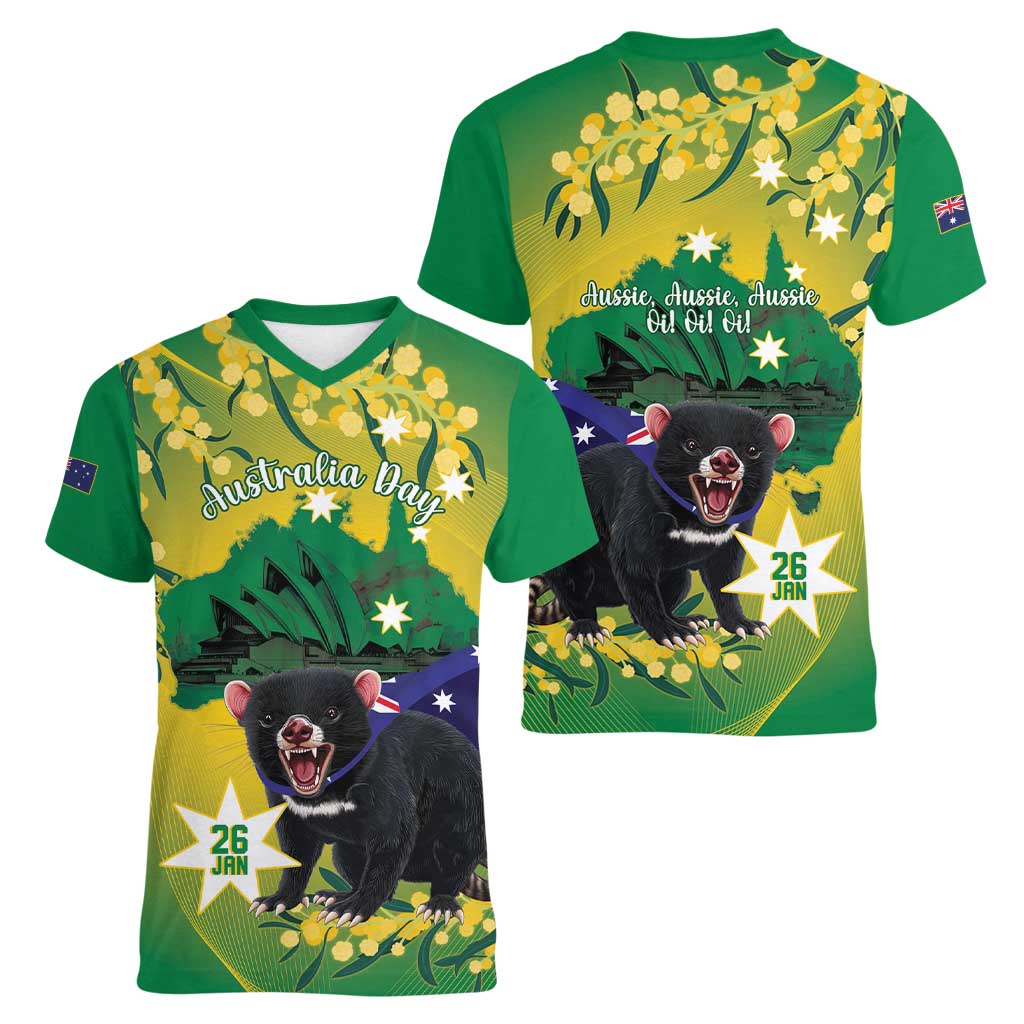 Tasimania Devil Australia Day Women V-Neck T-Shirt Aussie Aussie Aussie Oi! Oi! Oi! - Green