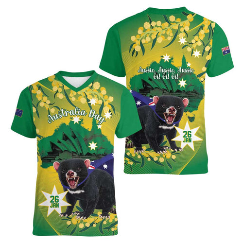 Tasimania Devil Australia Day Women V-Neck T-Shirt Aussie Aussie Aussie Oi! Oi! Oi! - Green
