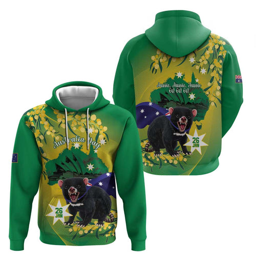 Tasimania Devil Australia Day Zip Hoodie Aussie Aussie Aussie Oi! Oi! Oi! - Green