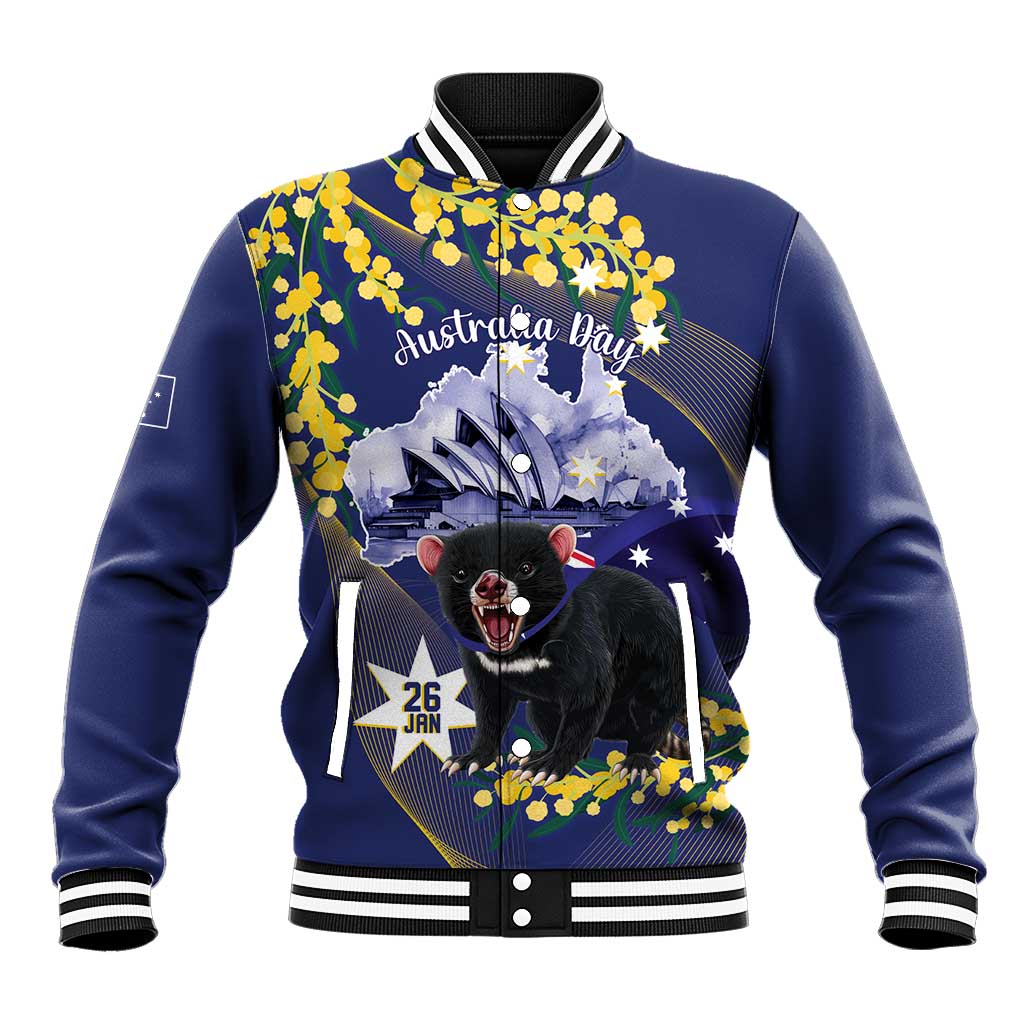 Tasimania Devil Australia Day Baseball Jacket Aussie Aussie Aussie Oi! Oi! Oi! - Blue