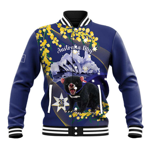 Tasimania Devil Australia Day Baseball Jacket Aussie Aussie Aussie Oi! Oi! Oi! - Blue
