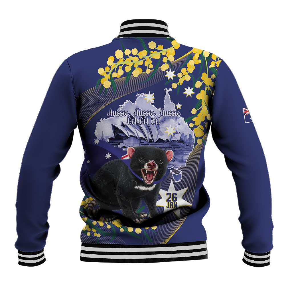 Tasimania Devil Australia Day Baseball Jacket Aussie Aussie Aussie Oi! Oi! Oi! - Blue