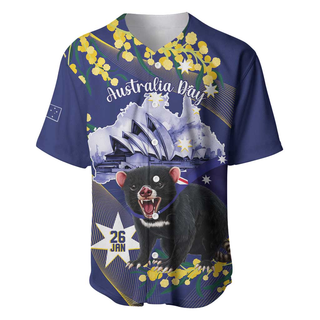 Tasimania Devil Australia Day Baseball Jersey Aussie Aussie Aussie Oi! Oi! Oi! - Blue