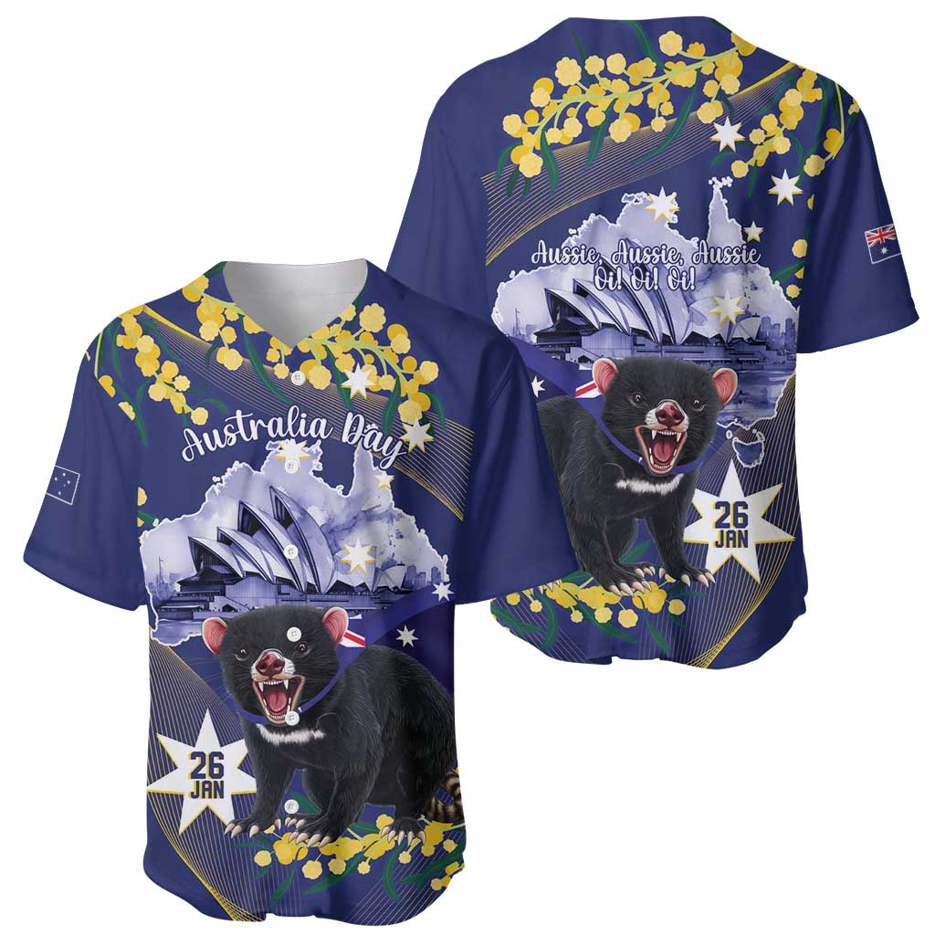Tasimania Devil Australia Day Baseball Jersey Aussie Aussie Aussie Oi! Oi! Oi! - Blue