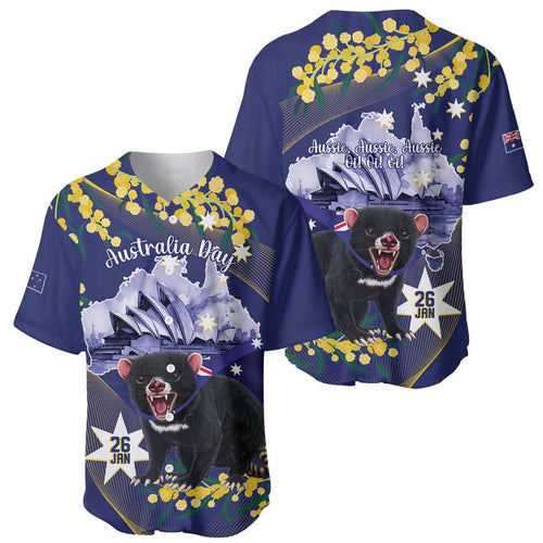 Tasimania Devil Australia Day Baseball Jersey Aussie Aussie Aussie Oi! Oi! Oi! - Blue