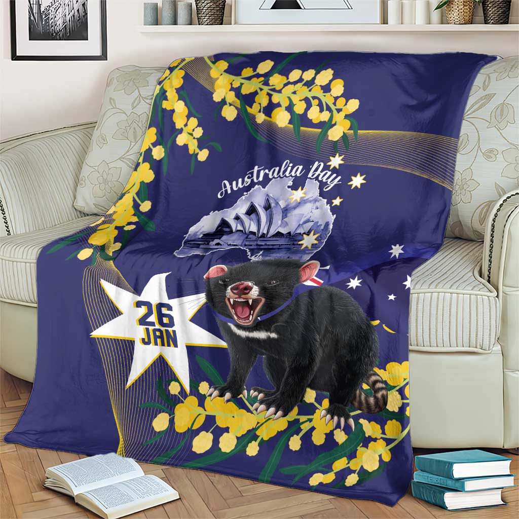 Tasimania Devil Australia Day Blanket Aussie Aussie Aussie Oi! Oi! Oi! - Blue