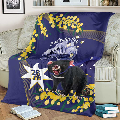 Tasimania Devil Australia Day Blanket Aussie Aussie Aussie Oi! Oi! Oi! - Blue