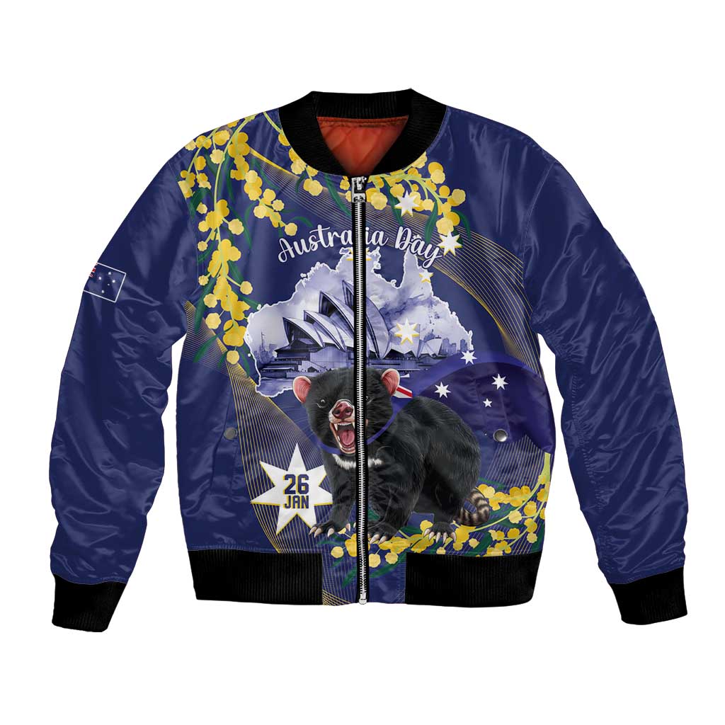 Tasimania Devil Australia Day Bomber Jacket Aussie Aussie Aussie Oi! Oi! Oi! - Blue
