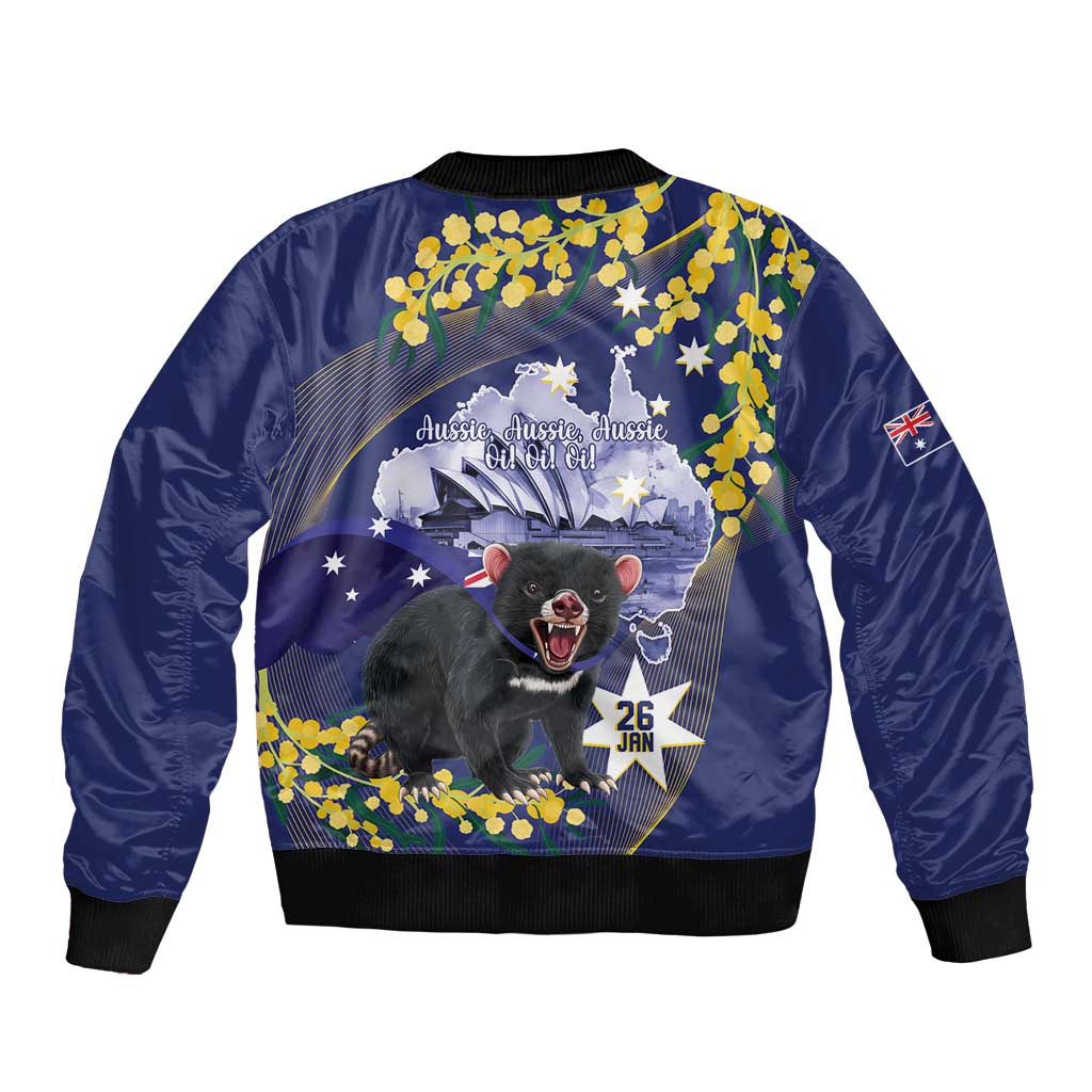 Tasimania Devil Australia Day Bomber Jacket Aussie Aussie Aussie Oi! Oi! Oi! - Blue