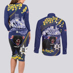 Tasimania Devil Australia Day Couples Matching Long Sleeve Bodycon Dress and Long Sleeve Button Shirt Aussie Aussie Aussie Oi! Oi! Oi! - Blue