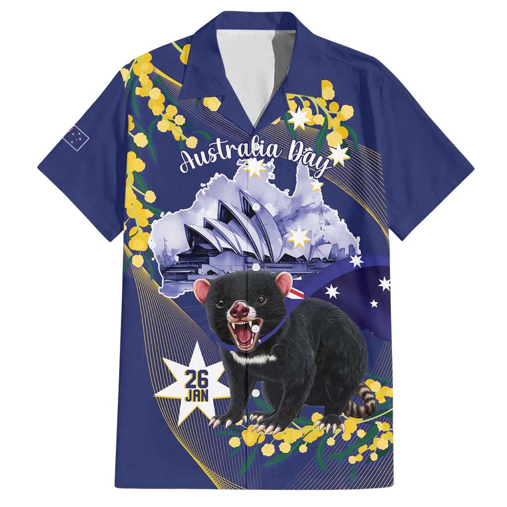 Tasimania Devil Australia Day Hawaiian Shirt Aussie Aussie Aussie Oi! Oi! Oi! - Blue