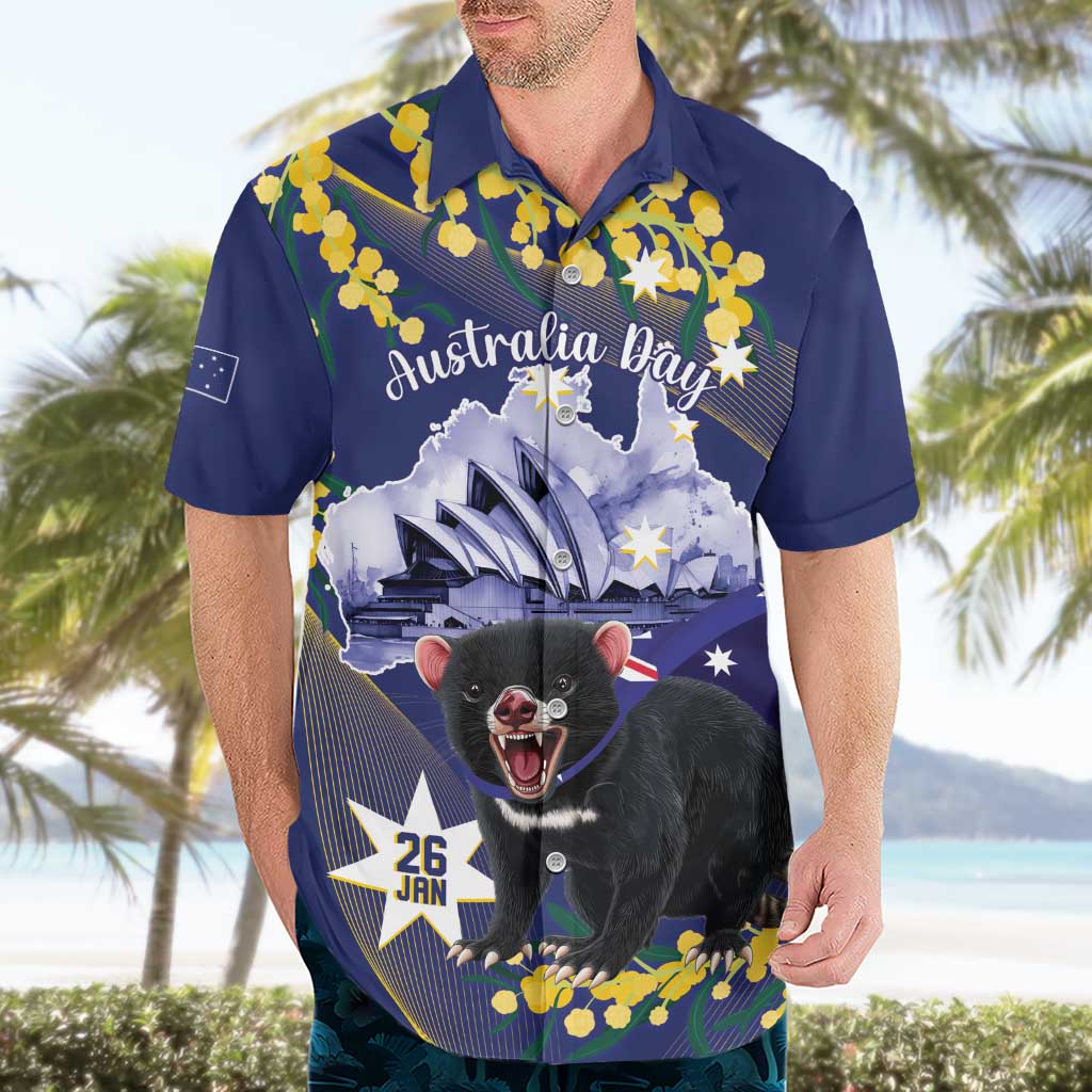 Tasimania Devil Australia Day Hawaiian Shirt Aussie Aussie Aussie Oi! Oi! Oi! - Blue