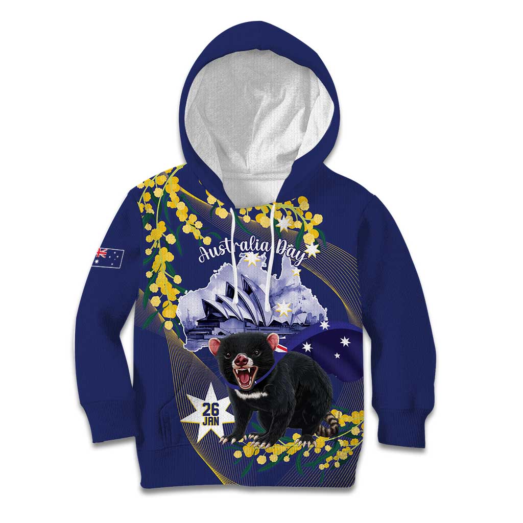 Tasimania Devil Australia Day Kid Hoodie Aussie Aussie Aussie Oi! Oi! Oi! - Blue