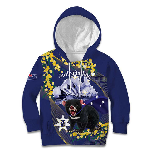 Tasimania Devil Australia Day Kid Hoodie Aussie Aussie Aussie Oi! Oi! Oi! - Blue