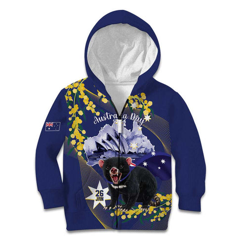 Tasimania Devil Australia Day Kid Hoodie Aussie Aussie Aussie Oi! Oi! Oi! - Blue