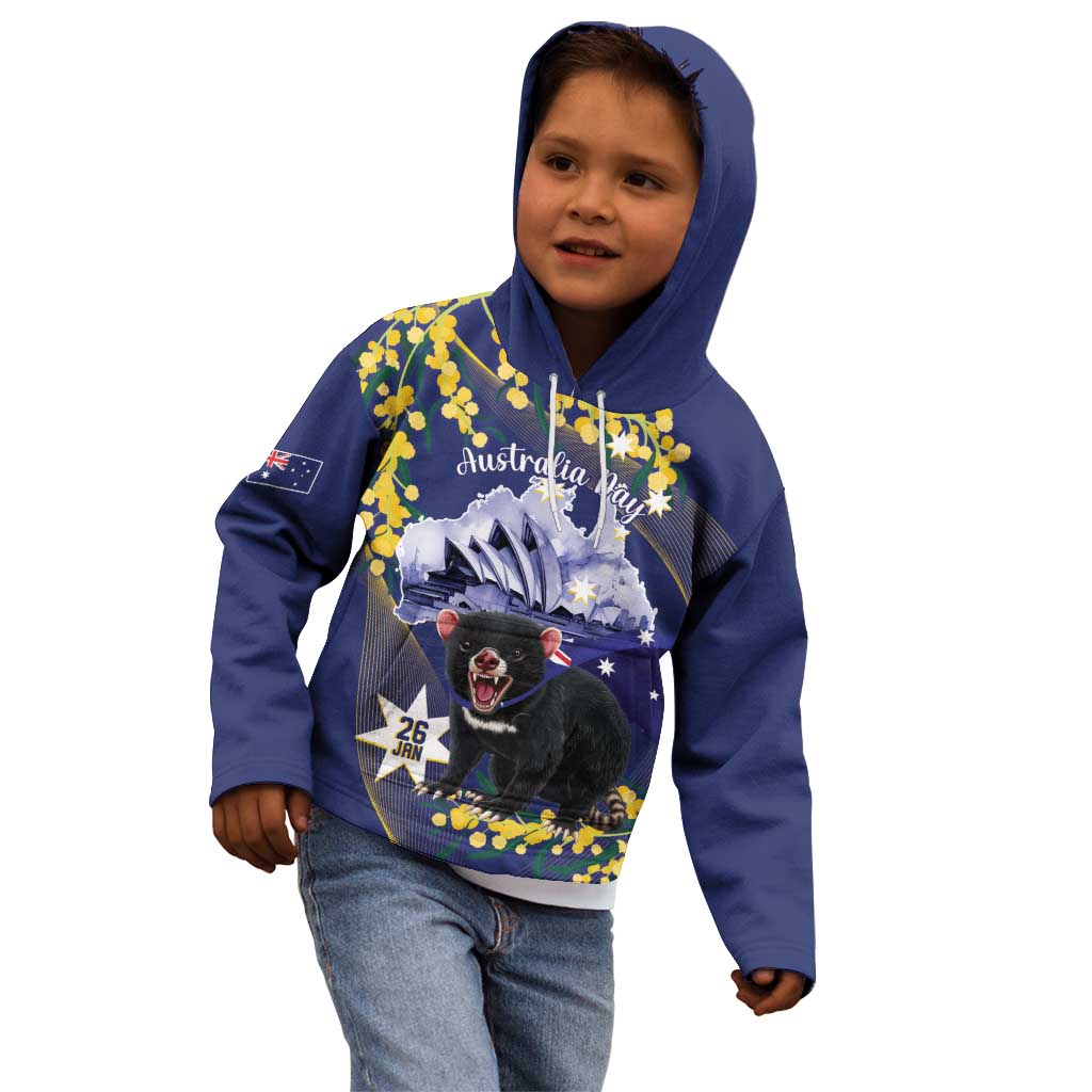 Tasimania Devil Australia Day Kid Hoodie Aussie Aussie Aussie Oi! Oi! Oi! - Blue