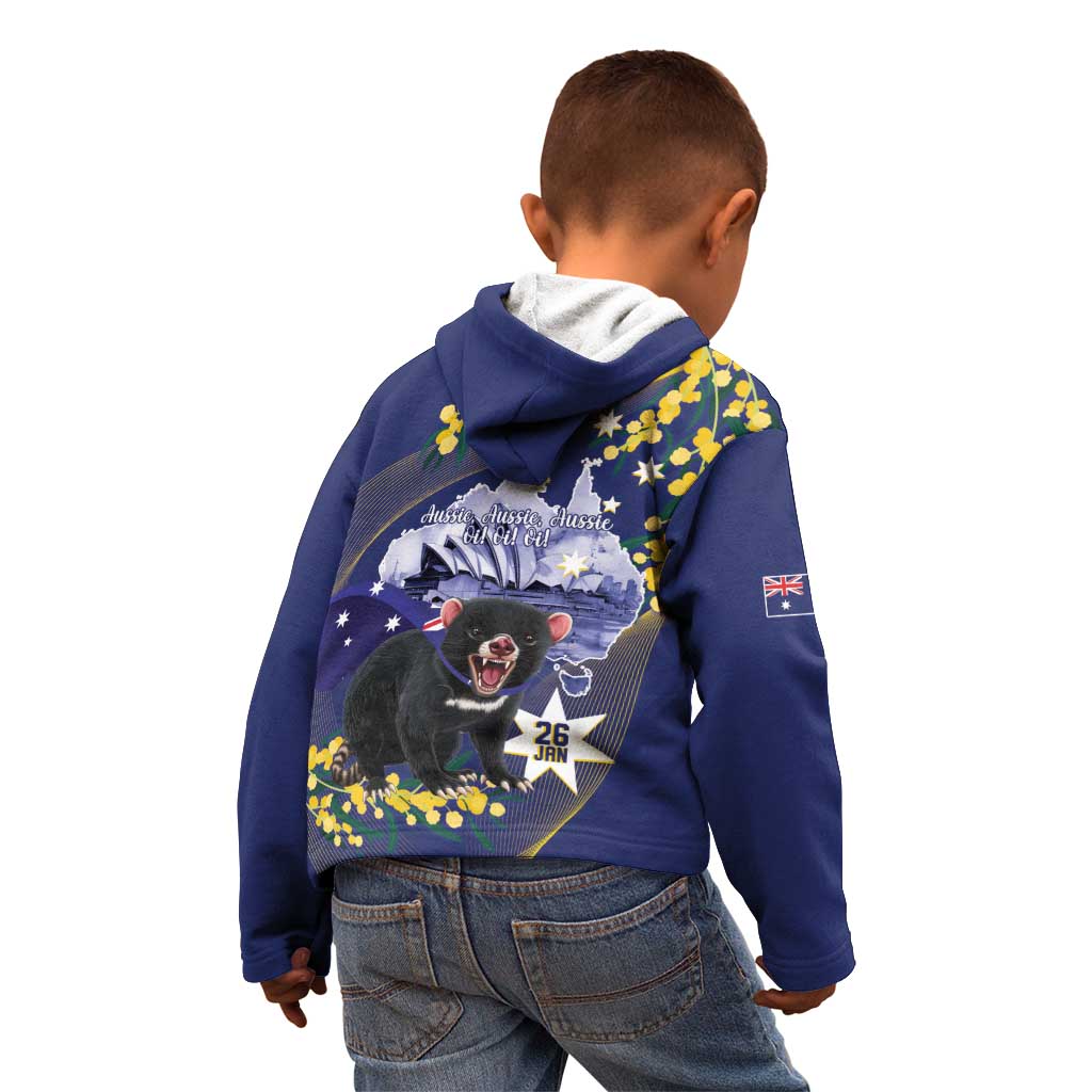 Tasimania Devil Australia Day Kid Hoodie Aussie Aussie Aussie Oi! Oi! Oi! - Blue