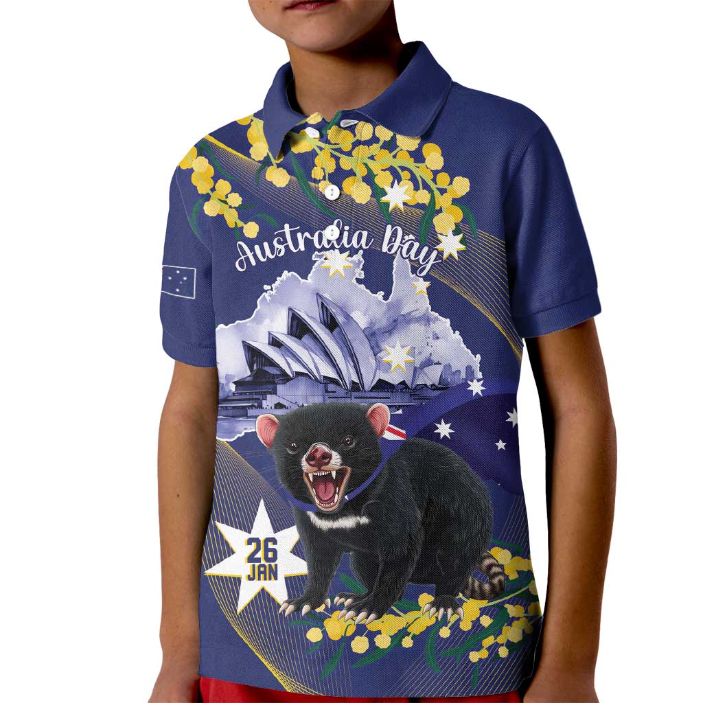Tasimania Devil Australia Day Kid Polo Shirt Aussie Aussie Aussie Oi! Oi! Oi! - Blue