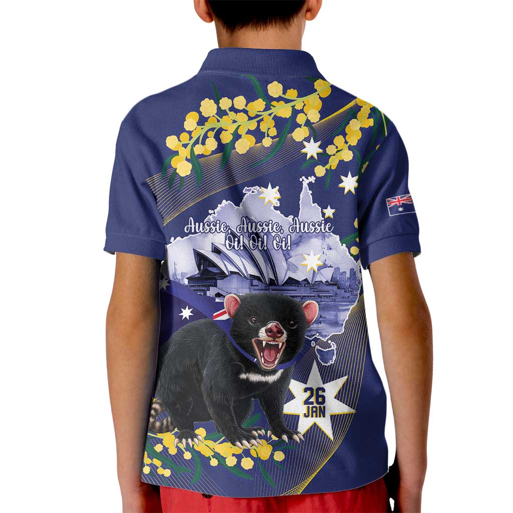 Tasimania Devil Australia Day Kid Polo Shirt Aussie Aussie Aussie Oi! Oi! Oi! - Blue