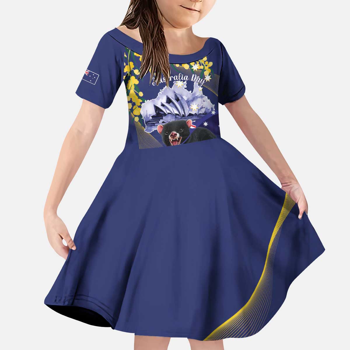 Tasimania Devil Australia Day Kid Short Sleeve Dress Aussie Aussie Aussie Oi! Oi! Oi! - Blue