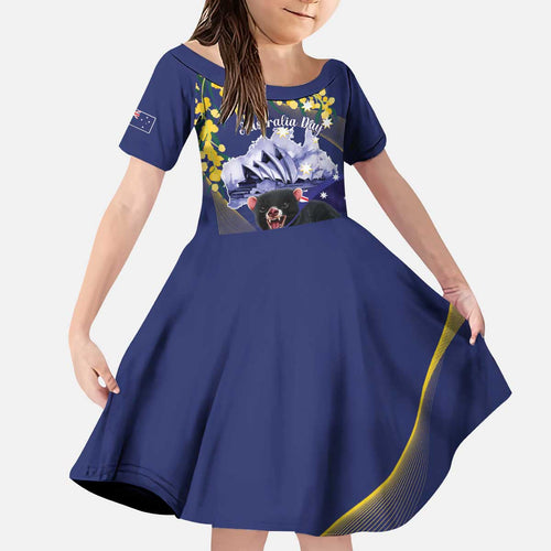 Tasimania Devil Australia Day Kid Short Sleeve Dress Aussie Aussie Aussie Oi! Oi! Oi! - Blue