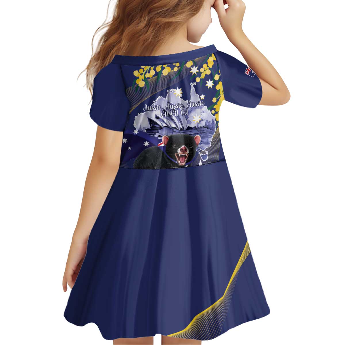 Tasimania Devil Australia Day Kid Short Sleeve Dress Aussie Aussie Aussie Oi! Oi! Oi! - Blue