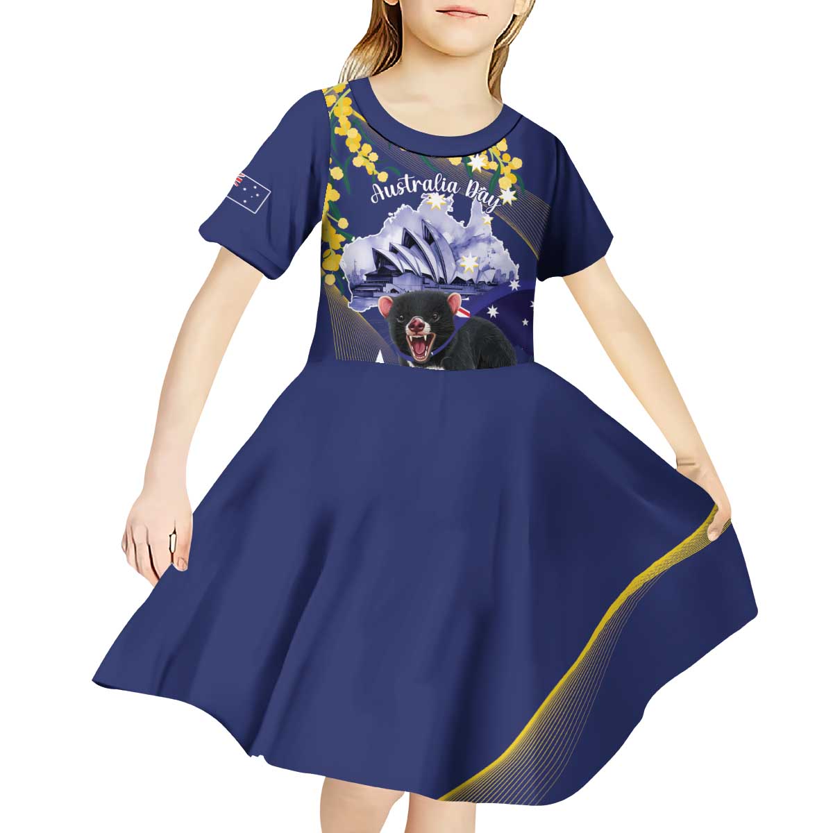Tasimania Devil Australia Day Kid Short Sleeve Dress Aussie Aussie Aussie Oi! Oi! Oi! - Blue