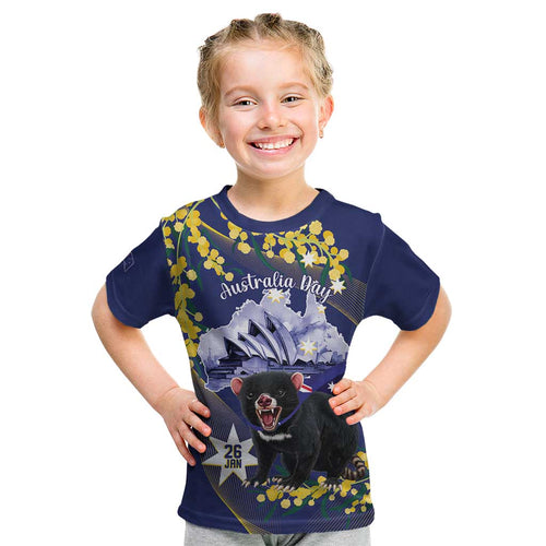 Tasimania Devil Australia Day Kid T Shirt Aussie Aussie Aussie Oi! Oi! Oi! - Blue