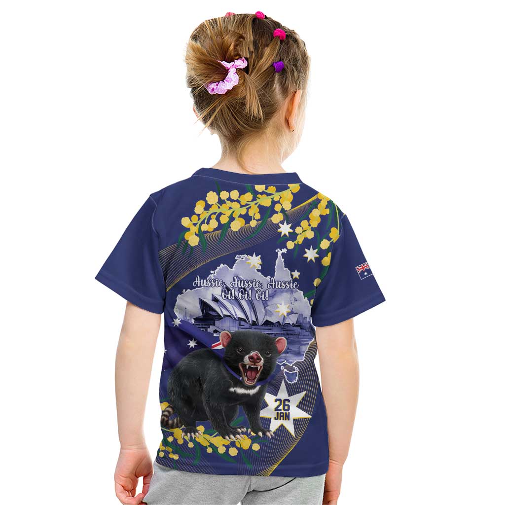 Tasimania Devil Australia Day Kid T Shirt Aussie Aussie Aussie Oi! Oi! Oi! - Blue
