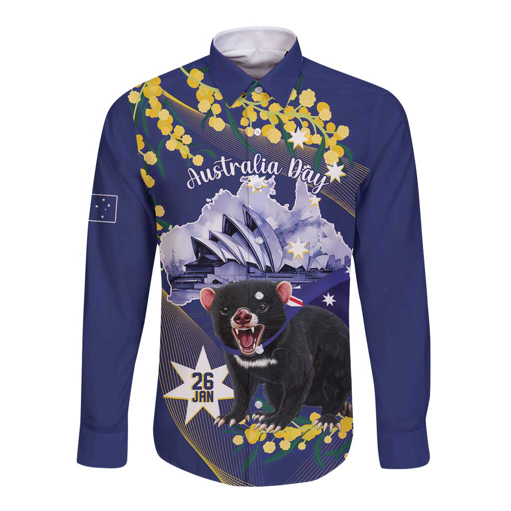 Tasimania Devil Australia Day Long Sleeve Button Shirt Aussie Aussie Aussie Oi! Oi! Oi! - Blue