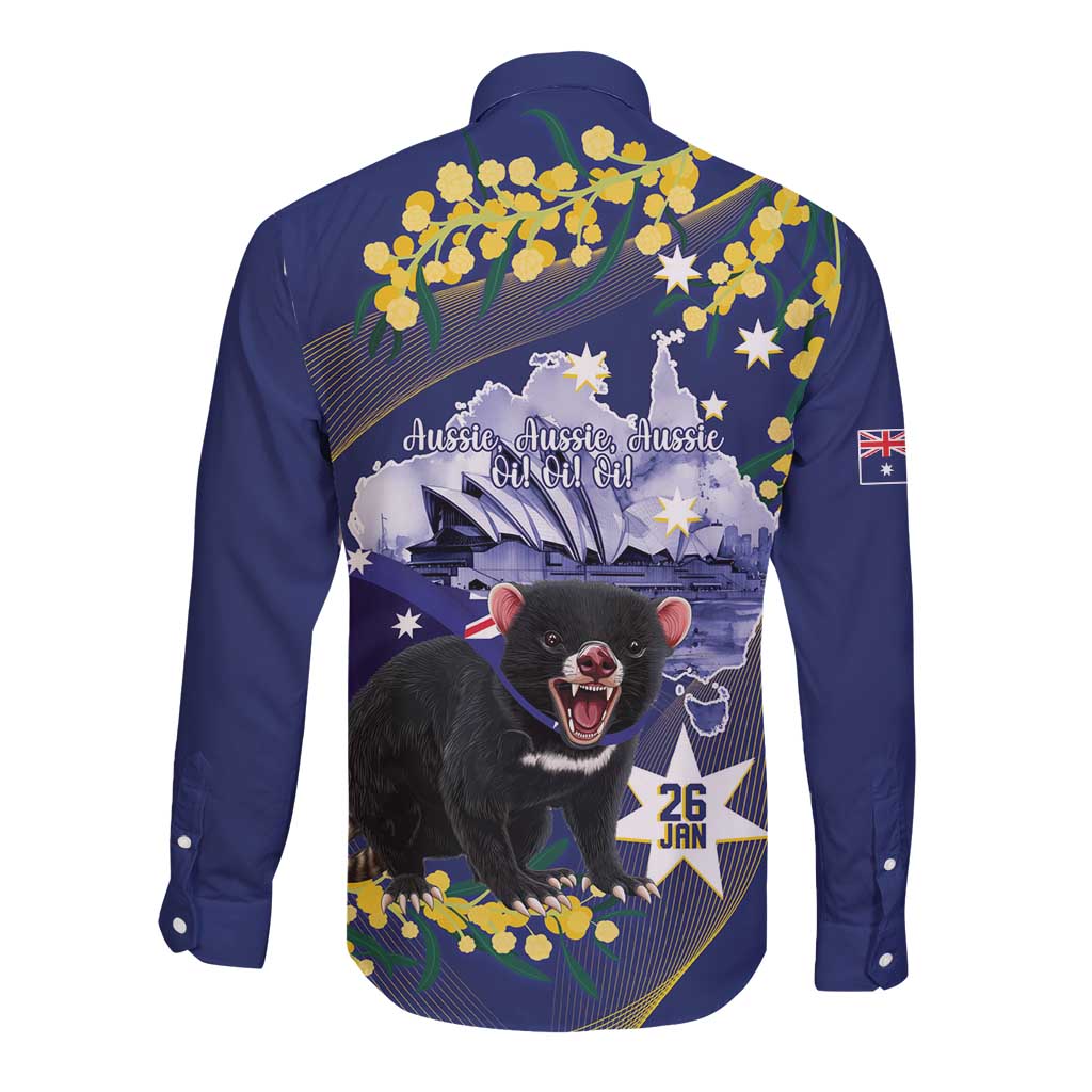 Tasimania Devil Australia Day Long Sleeve Button Shirt Aussie Aussie Aussie Oi! Oi! Oi! - Blue