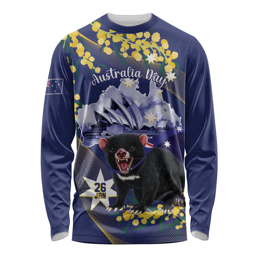 Tasimania Devil Australia Day Long Sleeve Shirt Aussie Aussie Aussie Oi! Oi! Oi! - Blue
