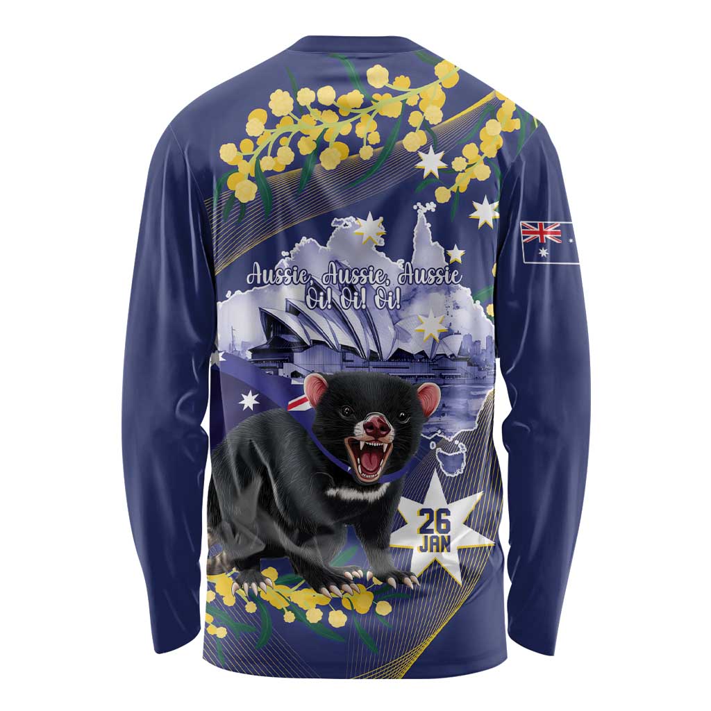 Tasimania Devil Australia Day Long Sleeve Shirt Aussie Aussie Aussie Oi! Oi! Oi! - Blue