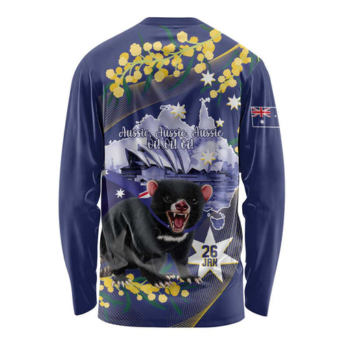 Tasimania Devil Australia Day Long Sleeve Shirt Aussie Aussie Aussie Oi! Oi! Oi! - Blue