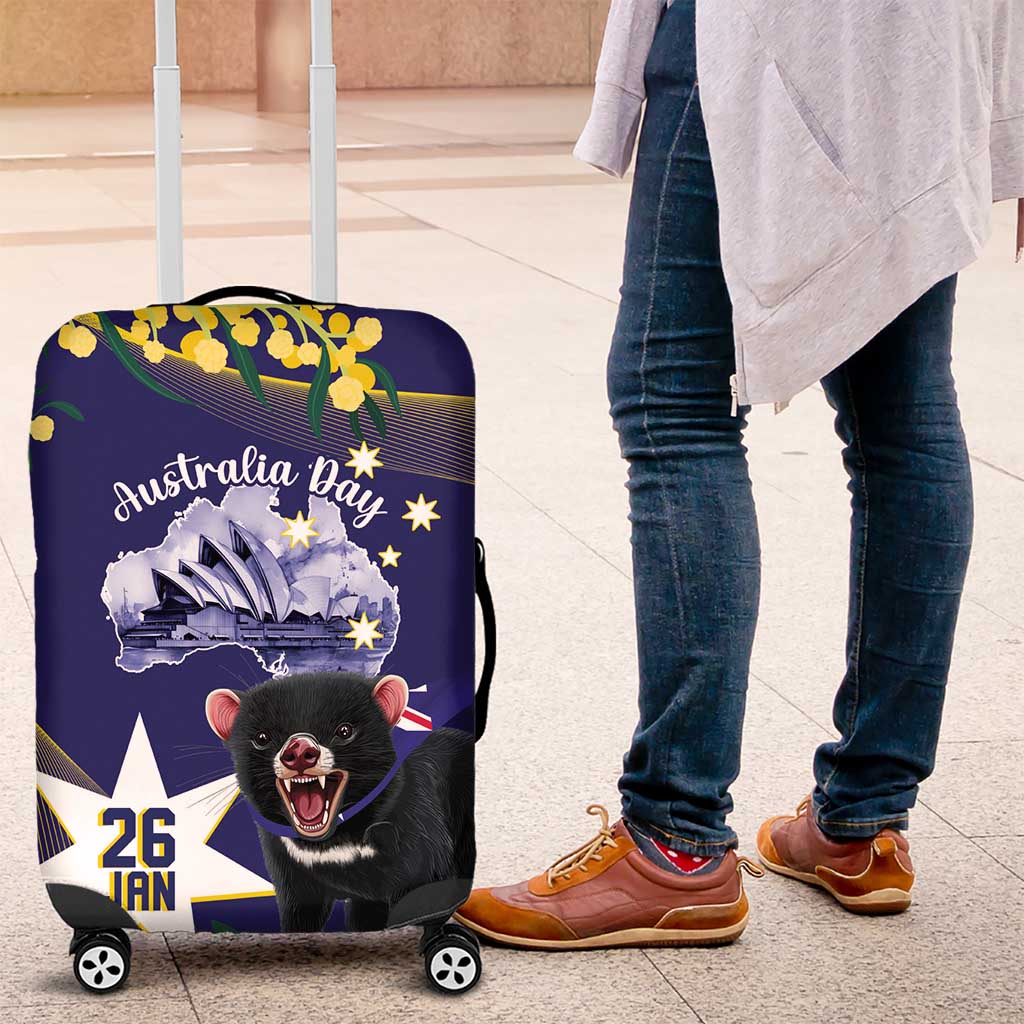 Tasimania Devil Australia Day Luggage Cover Aussie Aussie Aussie Oi! Oi! Oi! - Blue