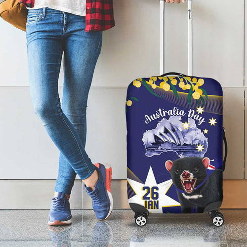 Tasimania Devil Australia Day Luggage Cover Aussie Aussie Aussie Oi! Oi! Oi! - Blue