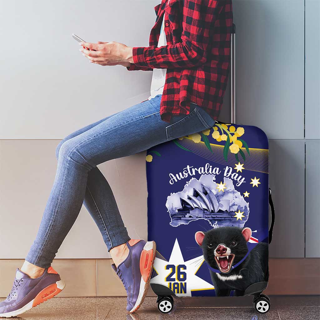 Tasimania Devil Australia Day Luggage Cover Aussie Aussie Aussie Oi! Oi! Oi! - Blue