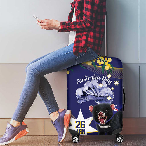 Tasimania Devil Australia Day Luggage Cover Aussie Aussie Aussie Oi! Oi! Oi! - Blue