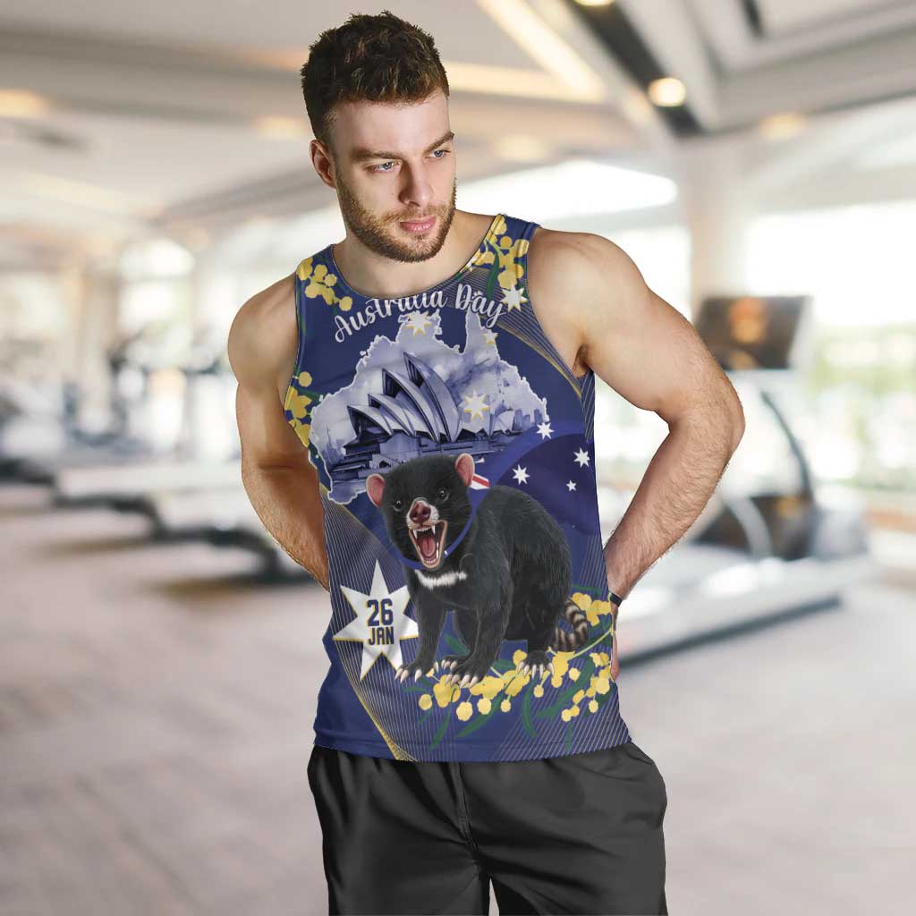 Tasimania Devil Australia Day Men Tank Top Aussie Aussie Aussie Oi! Oi! Oi! - Blue