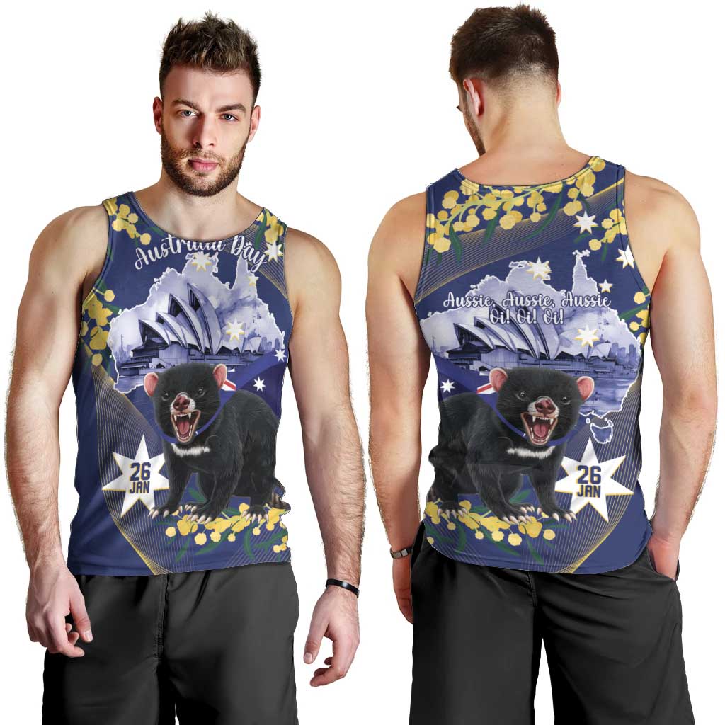Tasimania Devil Australia Day Men Tank Top Aussie Aussie Aussie Oi! Oi! Oi! - Blue