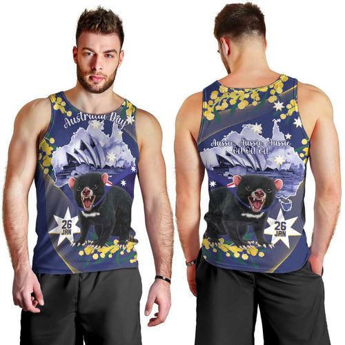Tasimania Devil Australia Day Men Tank Top Aussie Aussie Aussie Oi! Oi! Oi! - Blue