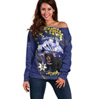 Tasimania Devil Australia Day Off Shoulder Sweater Aussie Aussie Aussie Oi! Oi! Oi! - Blue