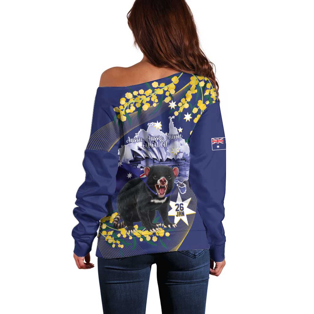 Tasimania Devil Australia Day Off Shoulder Sweater Aussie Aussie Aussie Oi! Oi! Oi! - Blue