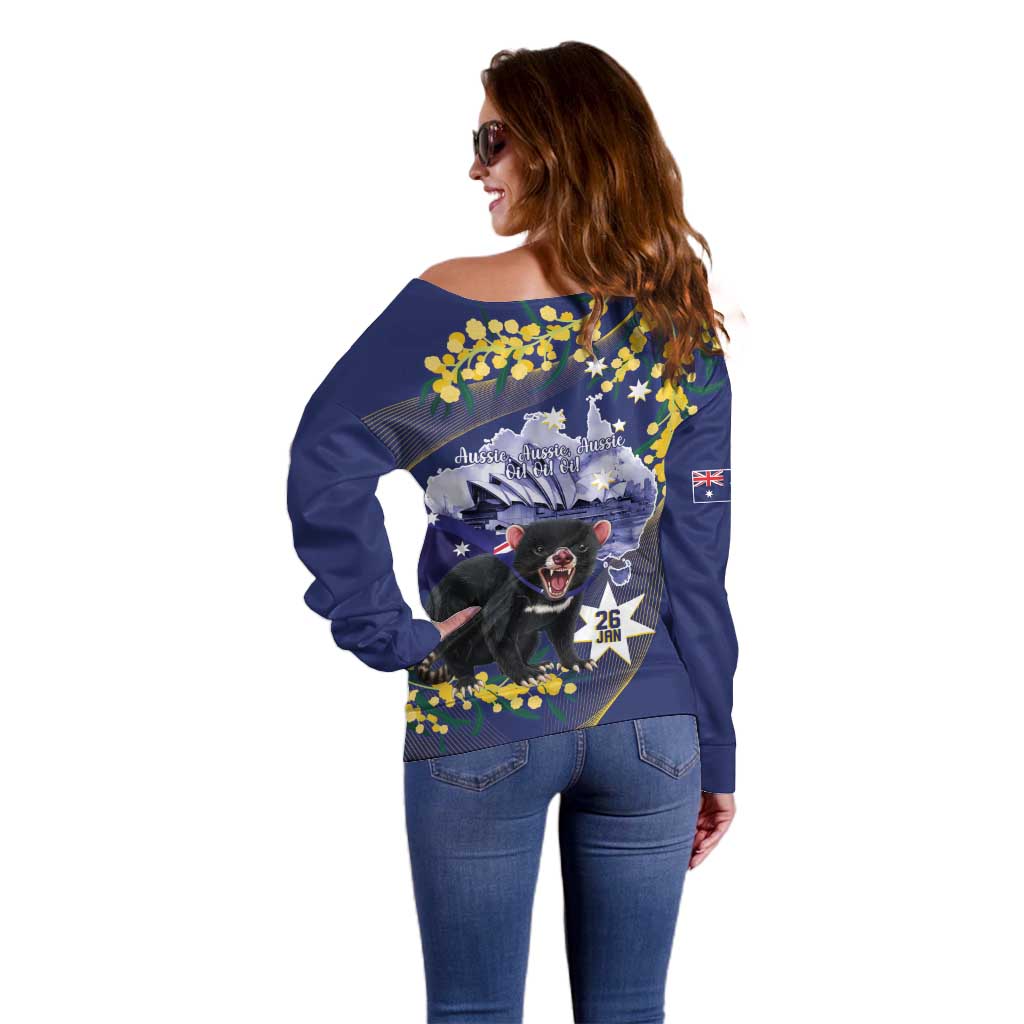Tasimania Devil Australia Day Off Shoulder Sweater Aussie Aussie Aussie Oi! Oi! Oi! - Blue