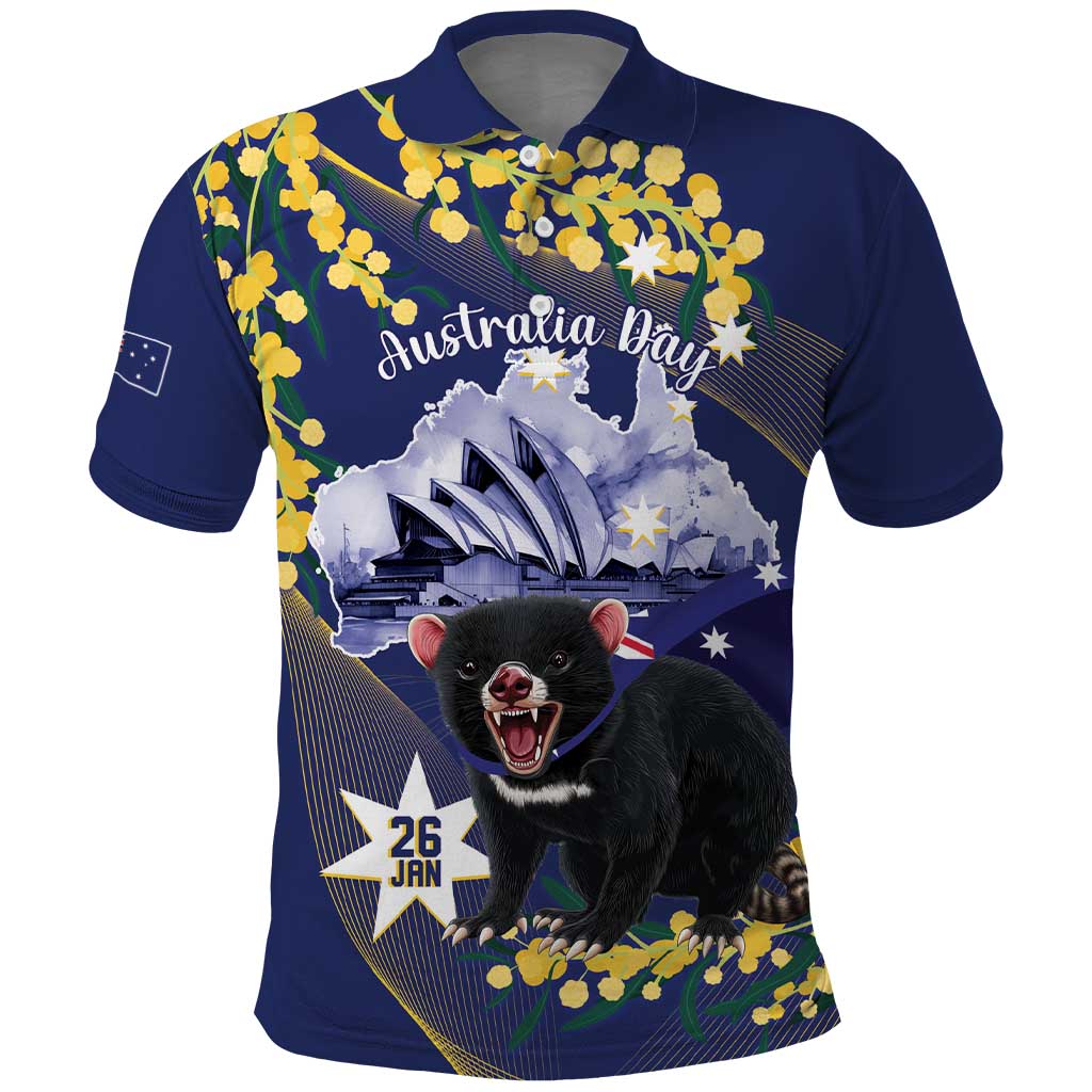 Tasimania Devil Australia Day Polo Shirt Aussie Aussie Aussie Oi! Oi! Oi! - Blue