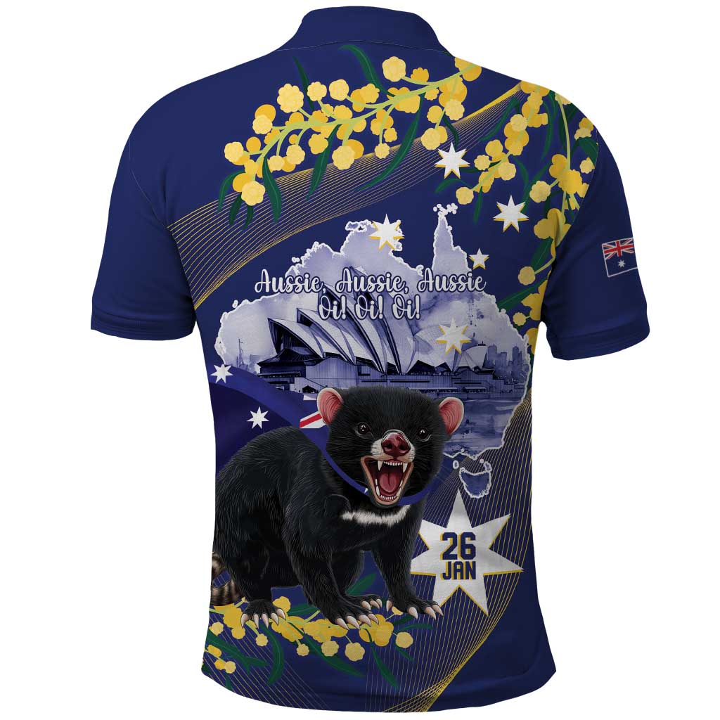 Tasimania Devil Australia Day Polo Shirt Aussie Aussie Aussie Oi! Oi! Oi! - Blue