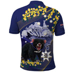 Tasimania Devil Australia Day Polo Shirt Aussie Aussie Aussie Oi! Oi! Oi! - Blue
