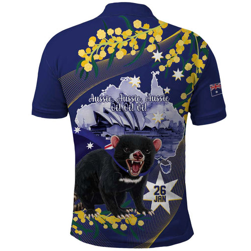 Tasimania Devil Australia Day Polo Shirt Aussie Aussie Aussie Oi! Oi! Oi! - Blue