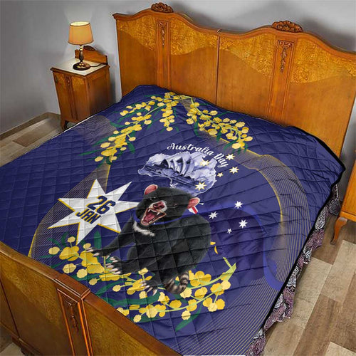 Tasimania Devil Australia Day Quilt Aussie Aussie Aussie Oi! Oi! Oi! - Blue